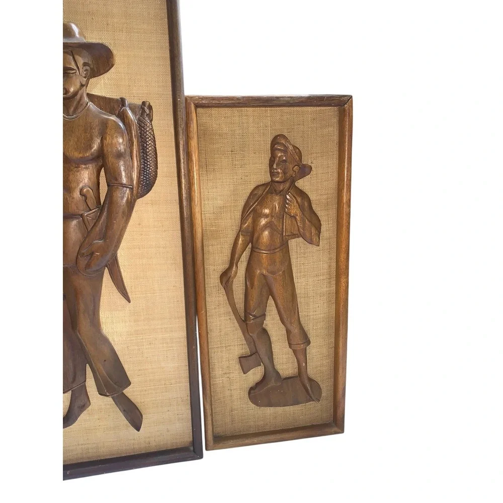 Vintage Carved Wood Figures Wall Art Set 4pc Mid Century Scene‎ Decor